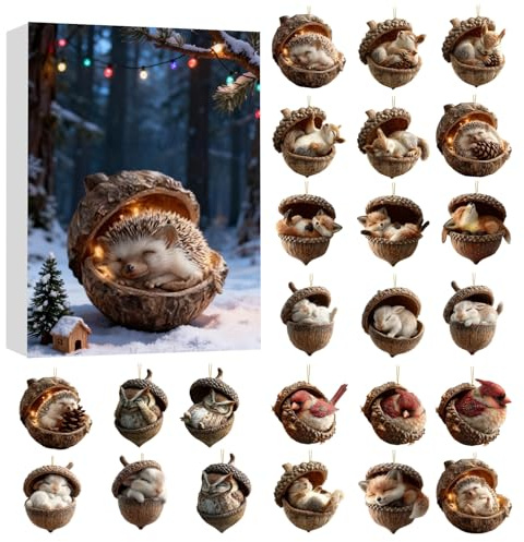 Waldtier Eichels Adventskalender 2025, Tier Adventskalender Mit 24 Stück 2D Flache Tier Eichels Anhänger Dekorations Weihnachts Countdown Kalender Für Eingang Fenster Tür Kamin Auto