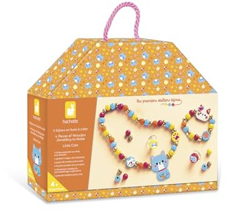 Janod – 4 Holzschmuckstücke zum Basteln Kleine Katzen – Die ersten Schmuck-Workshops – DIY-Schmuck basteln – Kreativset für Kinder – Förderung der Feinmotorik und Konzentration – Ab 4 Jahren