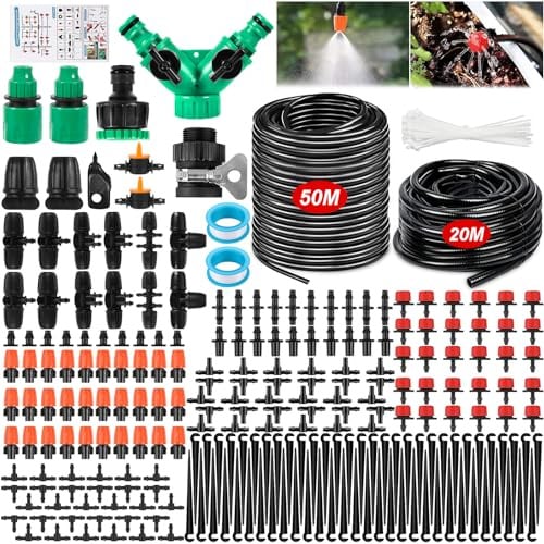 JUQG 297PCS Kit per Irrigazione a Goccia, Sistema di irrigazione da Giardino, 50m+20m Kit di Micro Irrigazione Automatico Irrigazione Sistema Adatto per Prato, Giardino, Orto (50M+20M)