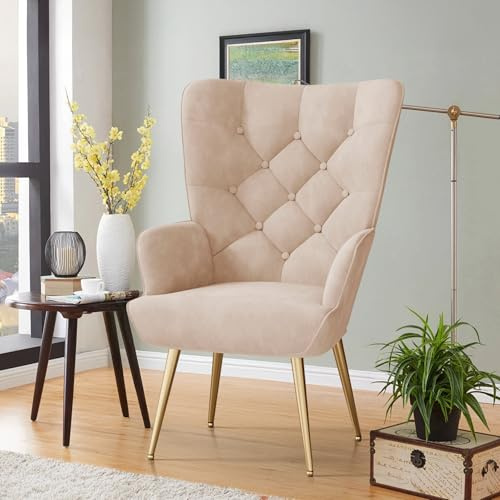Hawthyhome eleganter Sessel polsterstuhl Ohnzimmer Sessel Schminktisch Stuhl mit Metall Beinen fürs Wohnzimmer/Schlafzimmer Bis 150 KG belastbar (Beige Kaki, 1er-Set)