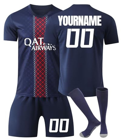 PSG Kinder Fußball Trikot Set, Individuell personalisierbar mit Wunschname und Nummer, Atmungsaktiver schnelltrocknender Stoff, Komplett-Set aus Trikot, Shorts und Socken für Training und Freizeit