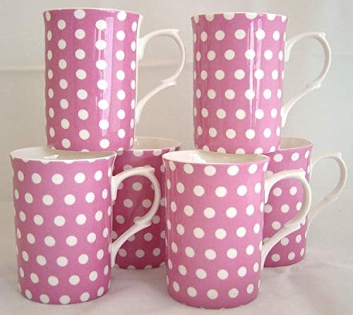 fromeuropewithlove Pink Dots Mugs Set of 6 Fine Bone China Pink Cups Hand Decorated in UK