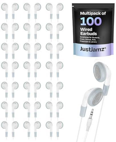 JustJamz Bulk Earbuds | Wholesale Pack of 100 Basic Simple White Earphones, Bulk Quality Headphones, Comfertable Headset, Disposable, Compatible with Smartphones and laptops