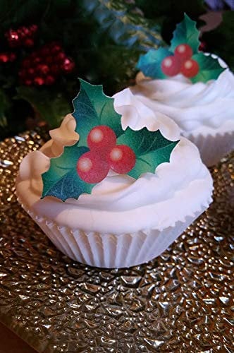 Anglesit 24 x Pre-cut Edible Christmas Holly Wafer/Rice Paper Cupcake Cake Toppers Birthday Party Wedding Decorations