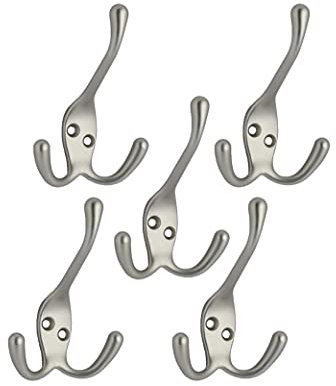 QCAA Premium Quality Coat Hat Hook with Three Prongs, 4, Zinc Die Cast, Satin Nickel, 5 Pack, Made in Taiwan