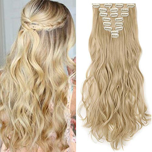 TESS Haarteile Clip in Extensions wie Echthaar Ombre günstig Haarverlängerung 8 Tressen 18 Clips Haarteil Gewellt 17(43cm)-140g Blond