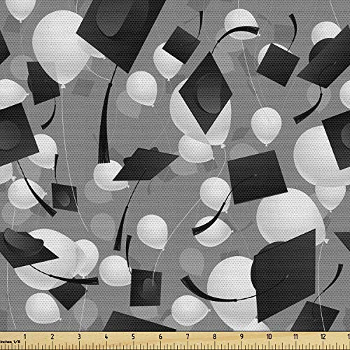 Lunarable Graduation Fabric by The Yard, Clutter of Mortarboard and Balloons in Greyscale Tones, Decorative Fabric for Upholstery and Home Accents, 3 Yards, Grey Charcoal