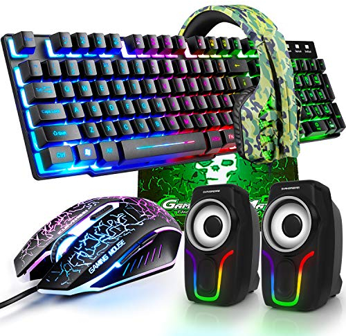 Tastiera da gioco USB retroilluminata con filo arcobaleno+Mouse da gioco LED arcobaleno ottico a 6 pulsanti 2400 DPI+Cuffie da gioco stereo+Altoparlanti RGB+Tappetini per mouse Set 5 in 1 (Nero)