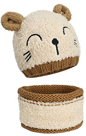 MengH-SHOP Baby Mütze und Schal Set Kinder Wintermütze Kleinkind Winter Warme Strickmütze mit Kreis Schleife Schal Beanie Schlupfmütze für 1-3 Jahre Jungen Mädchen (Beige)