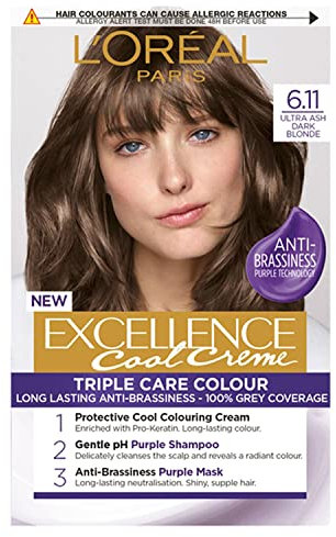 L'Oréal Paris Excellence Cool Crème Permanent Hair Dye, Radiant At-Home Hair Colour with up to 100% Grey Coverage, Pro-Keratin, Up to 8 Weeks of Colour, Colour: 6.11 Ultra Ash Dark Blond