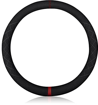 Ergocar Funda Volante De Coche Antideslizante Volante De Coche Protector Gamuza de Microfibra Caliente del Invierno Para Volante Diámetro 38cm (15 ) (Negro Rojo)