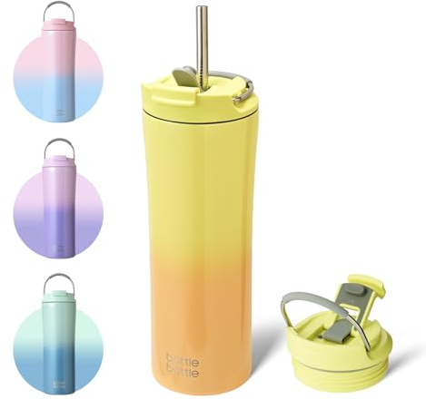 bottlebottle Bottle Bottle Insulated Travel Mug with Straw and Dual-use Lid Stainless Steel Coffee Cup 500ml(18oz) Thermal Iced Coffee Flask Tumbler with Handle(Yellow Orange)
