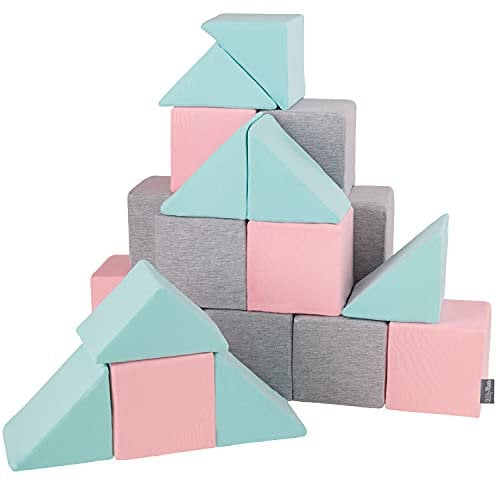 KiddyMoon Schaumstoff Würfel 14 cm Weiche Blöcke 24 Stücke Für Kinder Softbausteine UE, Mix: Hellgrau-Pink-Mint