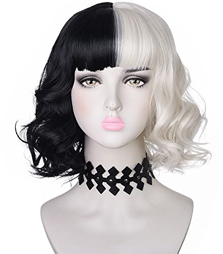 Amzcos schwarze und hellblonde Perücke mit Halskette, Choker für Damen Cosplay-Kostüm, kurze, gewellte Bob-Perücke mit Pony, für Halloween-Party