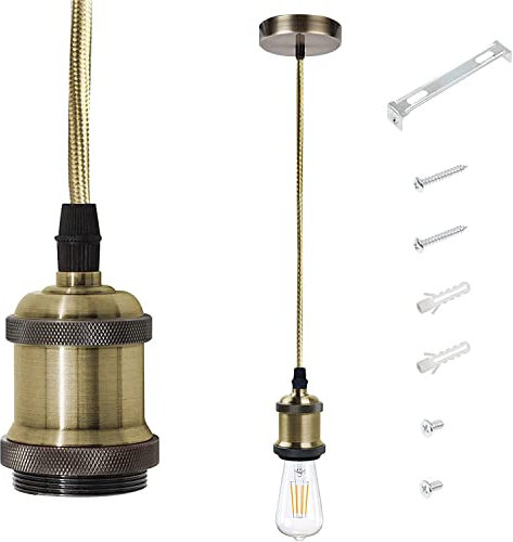 E27 Vintage Ceiling Pendant Light Fitting Modern Retro Industrial Style E27 Base Brass Lamp Holder Pendant Set[Energy Class A+] (Antique Brass)