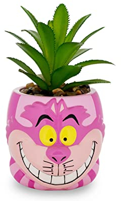 Silberner Büffel-Disney-Alice in Wonderland Grinsekatze, 7,6 cm, Keramik-Mini-Pflanzgefäß mit künstlichen Sukkulenten, kleiner Blumentopf, künstliche Zimmerpflanzen für Schreibtischregal
