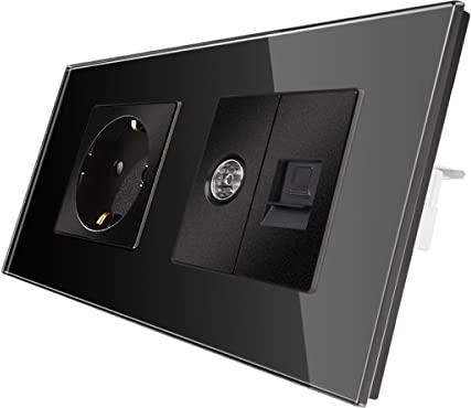 CNBINGO Glas Schuko Steckdose unterputz mit Kombination CAT6 Netzwerk TV, Einzelsteckdose Schwarz, Wandsteckdose einfach mit Glasrahmen