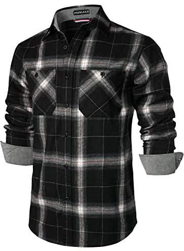 PARKLEES Herren-Fleece-Hemd, klassisch, stilvoll, normale Passform, lässig, langärmelig, Knopfleiste, kariert, mit Tasche, Schwarz , M