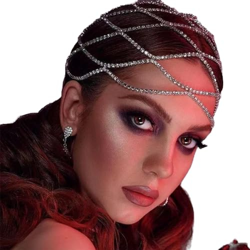 NICENEEDED Mesh-Kopfbedeckungskappe Mit Strasssteinen Und 2 Clips, 20s Bling Crystal Flapper Head Kette, Silber Perlenkappe Kopfschmuck Brautparty Haarschmuck Für Frauen Mädchen Party Nachtclub