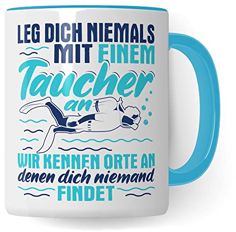 Tauchen Tasse Geschenkidee Diving Kaffeetasse Humor Witz Geschenk für Taucher Taucherin Kaffeebecher Diver Becher (Weiß & Blau)