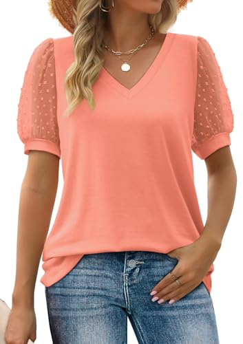 Aokosor Ladies T Shirts Women V Neck Tops Swiss Dot Puff Sleeve Summer Tee Coral Size 14-16