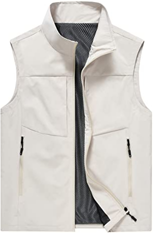 Yukirtiq Herren Outdoor Weste Sommer Leicht Anglerweste Jagdweste mit Vielen Taschen Fischerweste Ärmellose Jacke Hundeweste Wanderweste, Weiß, L