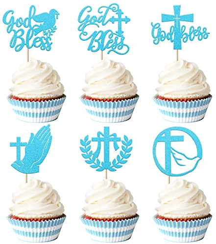 24 God Bless Tortendeko Religiösen Theme Cupcake Toppers Glitter Cross Dove of Peace God Bless Kuchen Deko Erste Heilige Kommunion Cupcake Picks für Baby Dusche Kinder Geburtstag Party Blau