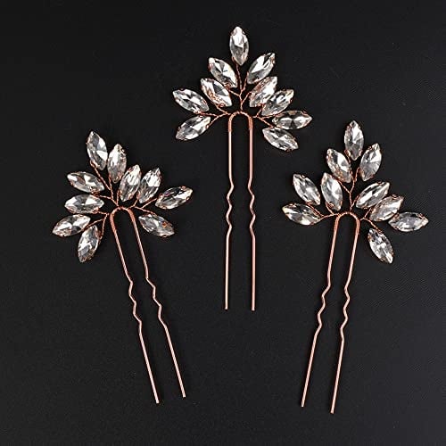 Chargances 3pcs Bride Rose Gold Crystal Hair Pins Wedding Rhinestone Hair Pins Boho Dainty Handmade Hair Accessories for Women and Girls (Rose Gold)