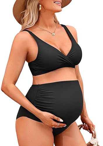 Charmo High Waist Maternity Swimsuit Bikini Bathing Suits Ruched Maternity Two Piece Pregnancy Bikini Swimwear M Black