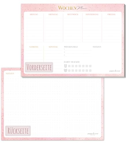 paper&you® A5 Wochenplaner Block [Golden Dots], 50 Seiten inkl. Notizblock auf der Rückseite - klimafreundlich und nachhaltig