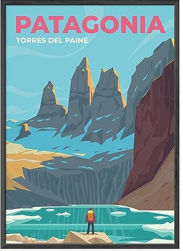 JUNOMI® Patagonien Poster DIN A2 | Wohnzimmer Deko, Modernes Wandbild, Patagonia Bild, Reiseposter, Torres del Paine, Perito Moreno | Mit Rahmen Schwarz