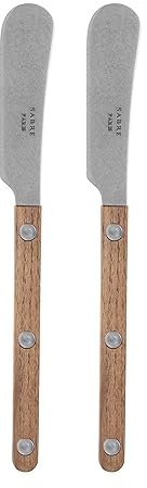 Sabre Paris | Lot de 2 Tartineurs Bistrot teck couleur Teck et finition vintage. Couverts en Acier Inoxydable. Idéal pour beurre, tapenades, pâte à tartiner…