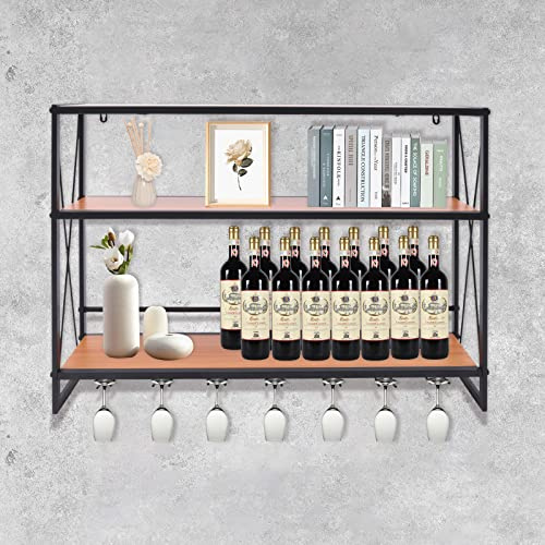BAOCHADA Étagère murale à 3 niveaux - Étagère murale industrielle en bois et métal - Porte-bouteilles à suspendre - Avec porte-verres à vin - Multifonctionnel - Pour bar, cuisine, salon