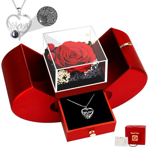 MestectPET Gifts for Mum, Preserved Real Rose Birthday Gifts with I Love You Necklace in 100 Languages for Mom, Eternal Flowers Red Box Gift for Mother on Mother's Day Valentine's Day Christmas