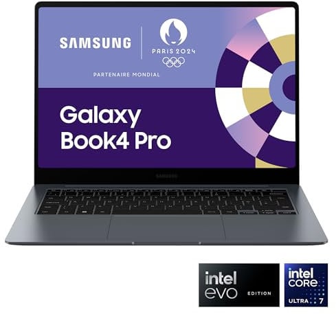 Samsung Galaxy Book4 Pro Ordinateur portable 14'', Intel Evo Edition – Intel Core Ultra 7, 155H 16Go RAM 512Go SSD Intel ARC Graphics, Gris anthracite, clavier AZERTY FR