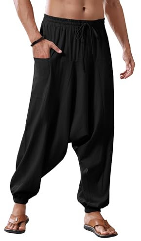 Runcati Pantaloni harem da uomo in cotone baggy hippie, casual, in lino, da spiaggia, da cavallo profondo, Nero , XL
