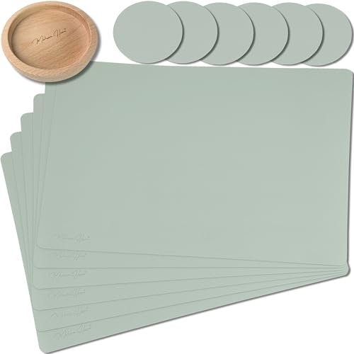 Mahewa® 6er Set Premium Tischset aus Kunstleder - Platzset abwaschbar und wasserdicht - Platzdeckchen Telleruntersetzer in Lederoptik (Salbeigrün, Eckig mit Halter)