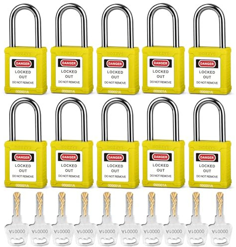 Lot de 10 cadenas de sécurité en nylon - Jaune, cylindre en alliage de zinc, avec clés identiques, 10 clés par lot, pour éviter les opérations accidentelles (BD-G02KA)