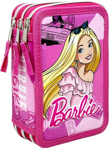 Clondo Astuccio 3 Scomparti 3D Bambini, Per Barbie Fan, Triplo Riempito, 44 Accessori Scuola Elementare Bambina, 3 Zip, 20 Centimetri