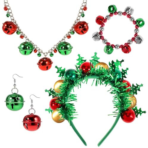 HOWAF Weihnachtskostüm Damen, Weihnachts Haarreif Weihnachten Haarreif Weihnachtskopfschmuck, Jingle Bell Weihnachts Halskette Armband Ohrringe Weihnachten Schmuck für Karneval Weihnachten Kostüm