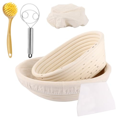 LOPYXBR 2 Stück Gärkörbchen 25cm Rund & 21cm Oval Gärkorb Brot Set Brot Backen Zubehör aus Natürlichem Rattan Gärkörbchen für Brot mit Kunststoffschaber, Rührstab, Reinigungsbürste