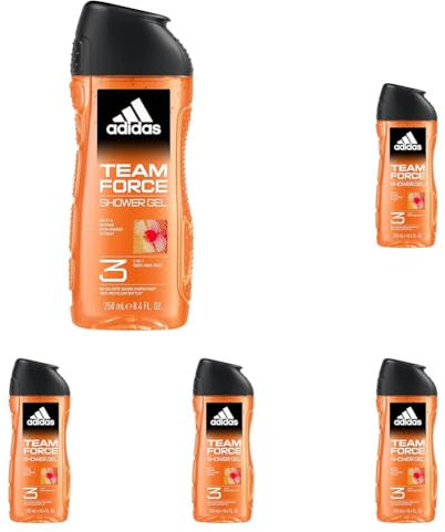 Adidas, Team Force Gel Doccia Bagnoschiuma 3 in 1 per Corpo, Capelli e Viso, Formula Vegana, 250ml (Confezione da 5)