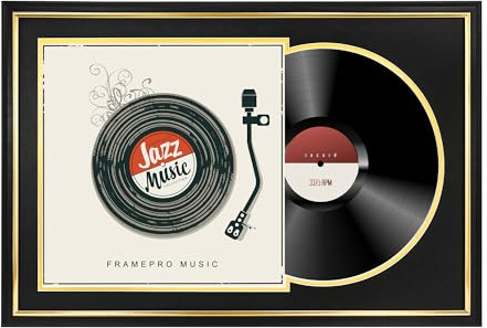 FramePro Schallplattenrahmen mit 2 doppelseitigen Passepartouts (schwarz über gold), Jukebox-Schallplatten-Album-Rahmen für 30,5 x 30,5 cm große LP-Cover, Musik-Display-Wandmontage, Heimdekoration