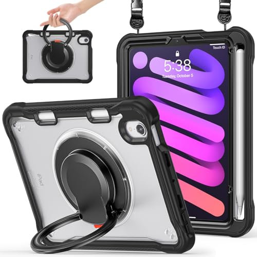 Miimall Étui pour iPad Mini 7 8.3 Pouces/iPad Mini 6, Robuste Antichoc Coque iPad Mini 6 avec Cordon,Bumper Anti-Chute,Poignée Annulaire Pliable Étui iPad Mini 7 Stand,Porte-Stylet,Noir Transparent