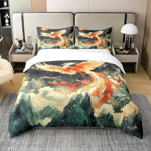 Homewish Baumwolle Phoenix Bettbezug 135x200 Chinesische Orientalische | Vogel Wild Bettwäsche Geheimnisvolle Phoenix Tröster Abdeckung Sun Galaxy Sterne Sternenhimmel Bettbezug Weich Atmungsaktiv