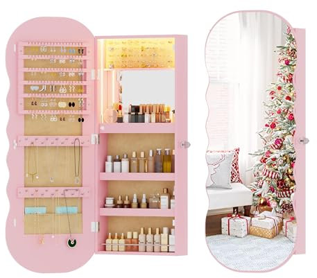 Lvifur Schmuckschrank hängend mit LED-Beleuchtung,LED abschließbarer Schmuckschrank mit Spiegel,Wandmontage Schmuckspiegel für Ohrring, Halskette,Weihnachten