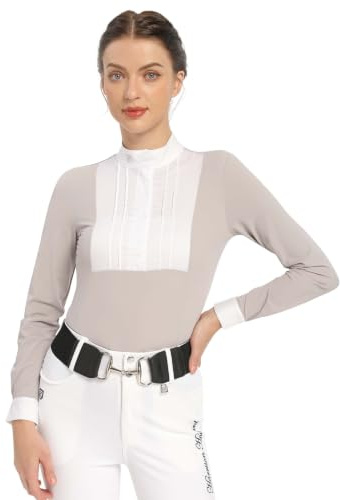 Harrison Howard Damen Reitsport Show Shirt Langarm Reiten Top | LSF 50+, plissiertes Lätzchen mit Stehkragen, versteckter Reißverschluss, Magnetverschluss, Wettkampf-Reittop mit Stickerei