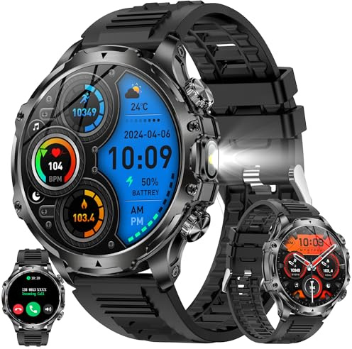 MYSHUN 1,85” AMOLED Smartwatch Herren mit Telefonfunktion, 800mAh Akku, Taschenlampe, 5ATM Smart Watch Aktivitätstracker mit 123 Sportmodi Blutdruck Schrittzähler Armbanduhr für IOS Android (Schwarz)