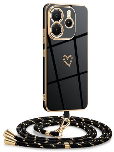 Mkej Funda para Xiaomi Redmi Note 14 4G con Cuerda, Silicona diseño de corazón con Chapado en Oro de Lujo, Ajustable y Retirable Cordon Carcasa Case para Xiaomi Redmi Note 14 4G, Oro Negro