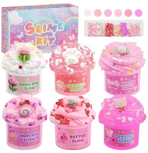6 Stück Rosa Farbverlauf Slime Set (Schneereis, Butter, Crystal) für Kinder, Geburtstag/Weihnachten DlY Bastelset fur Madchen & Jungen